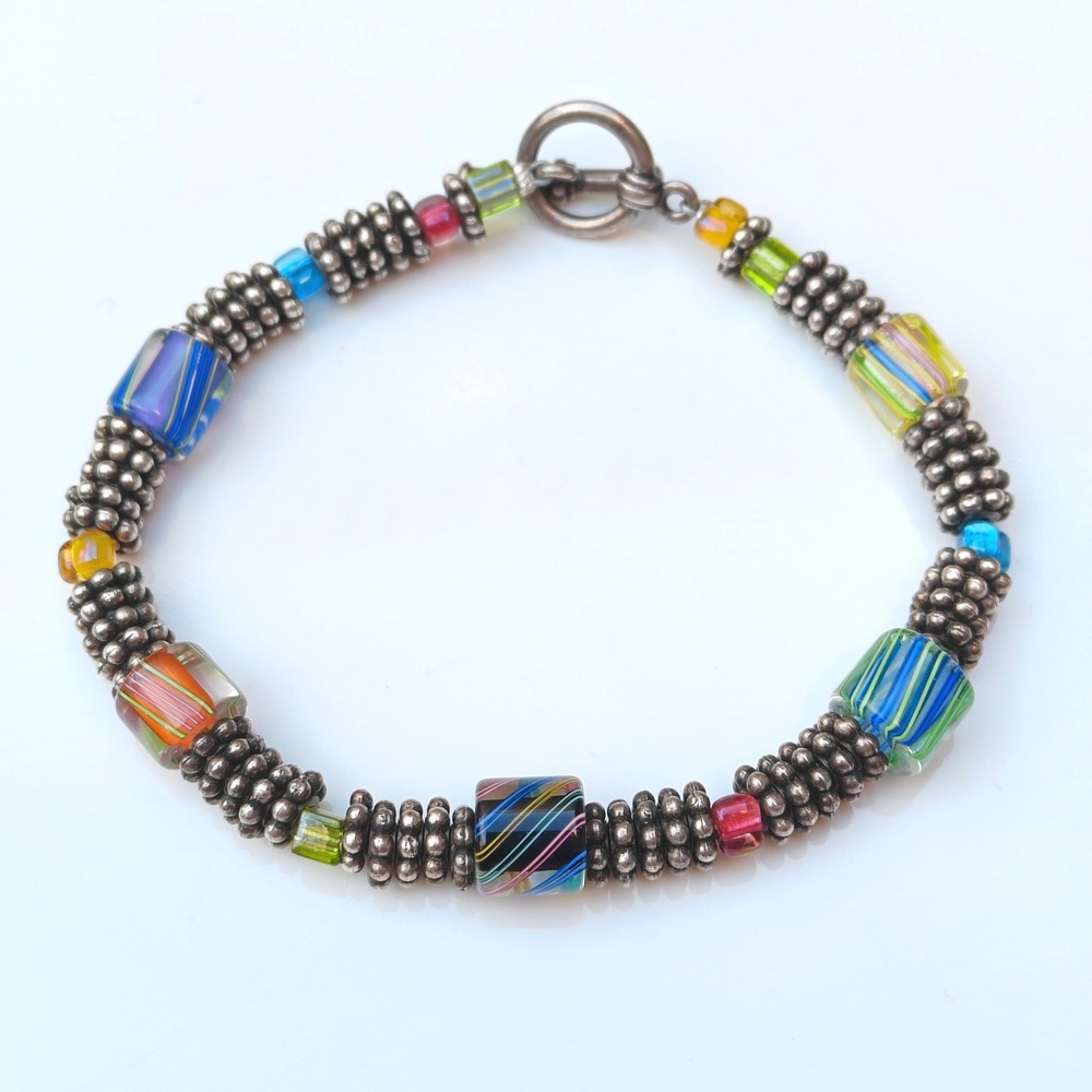Striped Glass Lampwork Beaded Toggle Bracelet Multicolor Boho Metal Silver Tone